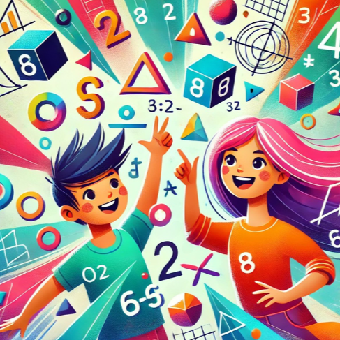 Ilustración colorida de estudiantes aprendiendo matemáticas