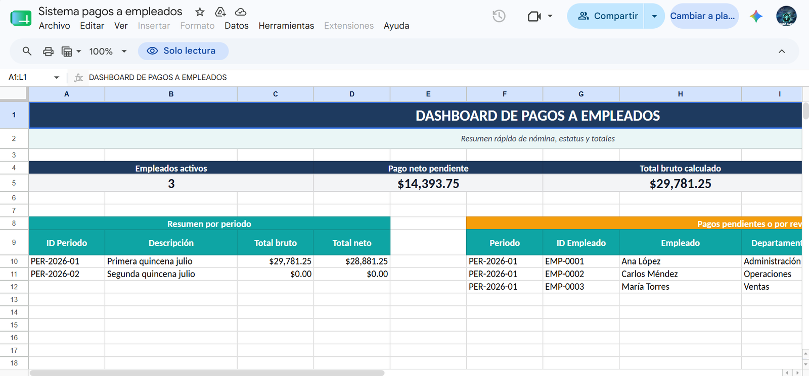 Vista previa del sistema Pagos a empleados