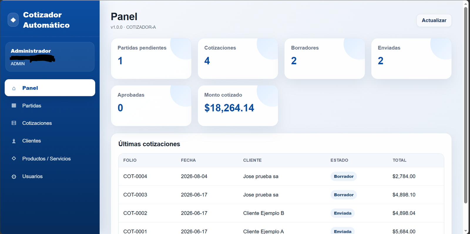 Vista previa de la Web App Cotizador automático