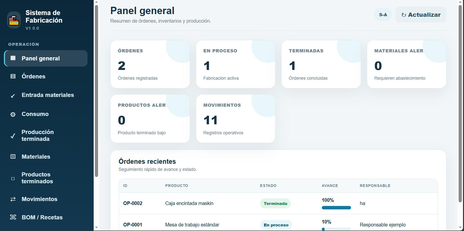 Vista previa de la Web App Fabricación