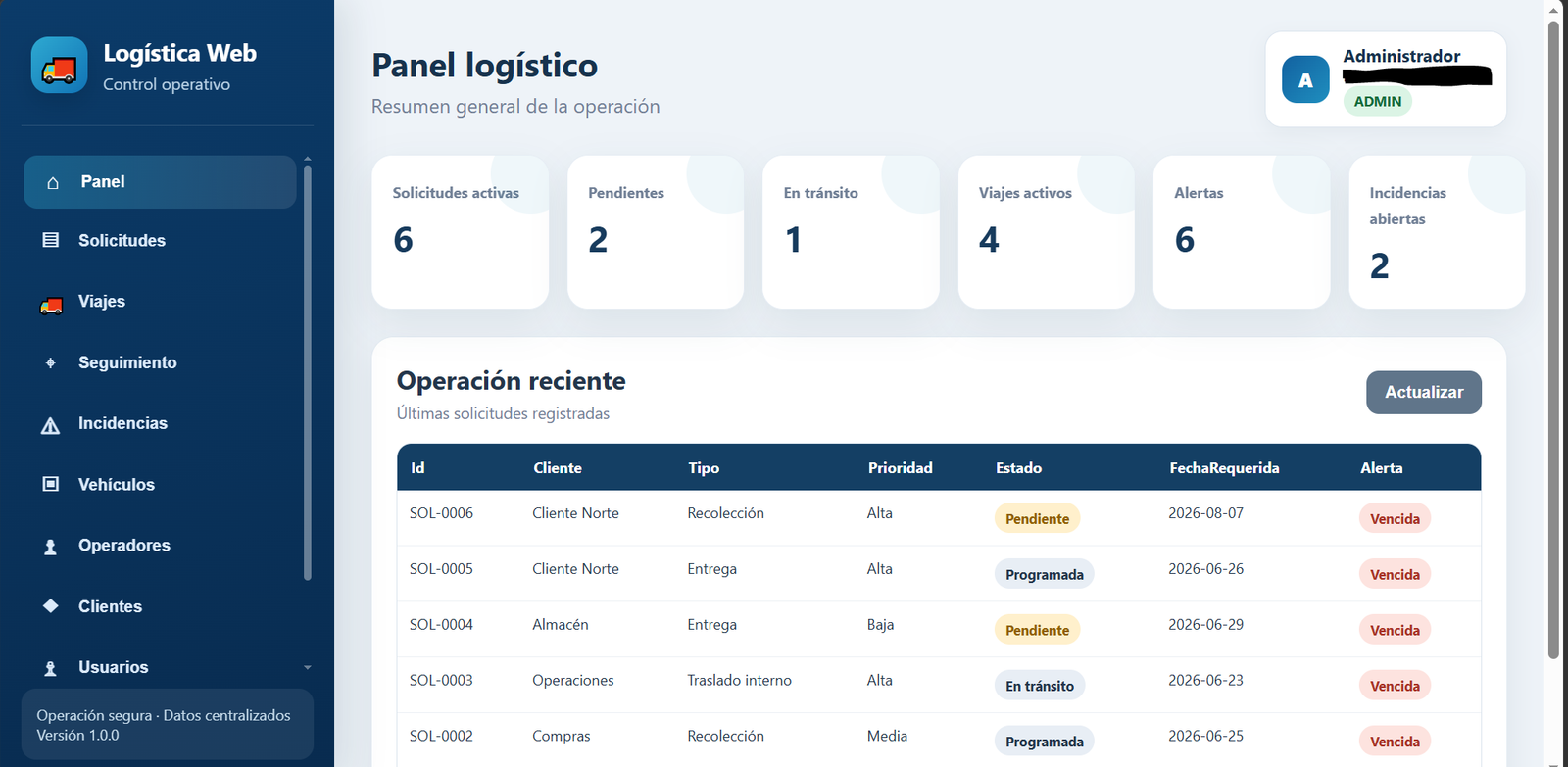 Vista previa de la Web App Logística