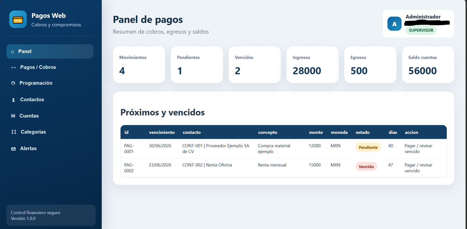 Vista previa de la Web App Pagos