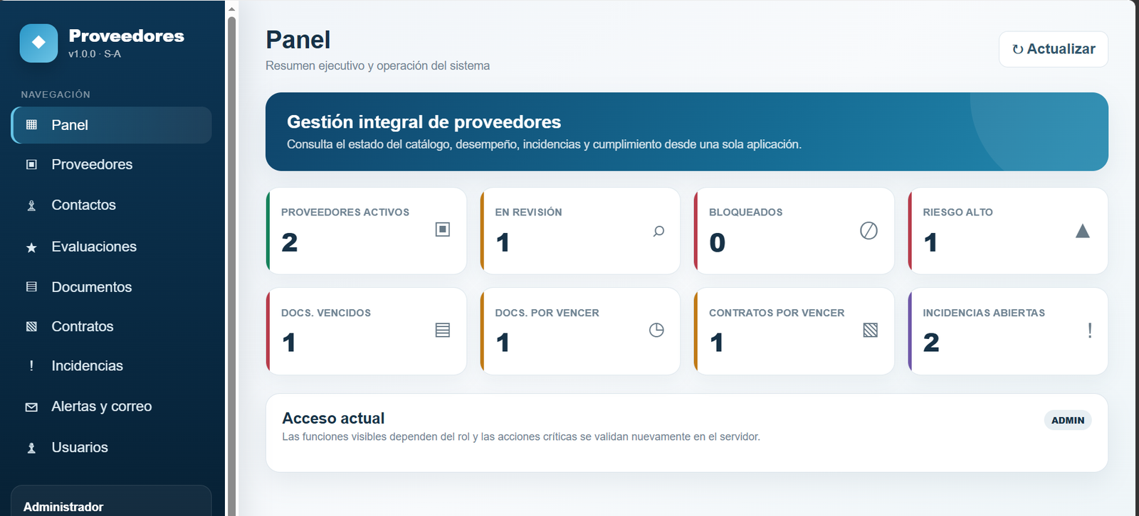 Vista previa de la Web App Proveedores